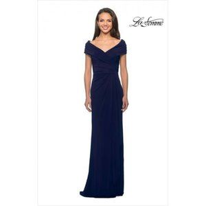 LA FEMME NEW  V-Neck Ruched Sheath Gown in Navy 26519 Size 14